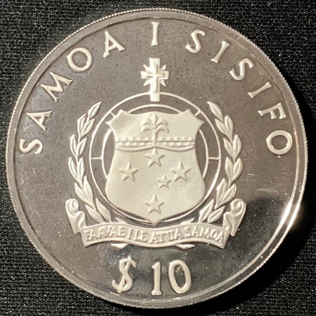 紫瑗钱币—微拍第134期  萨摩亚 1991年  92巴塞罗那奥运会 铅球 10元 31.47克 0.925银 精制