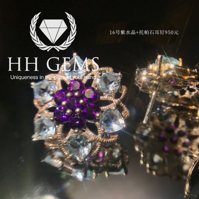 925银 耳钉 斯里兰卡 纯天然宝石 紫水晶 托帕石 - 925银 耳钉 斯里兰卡 纯天然宝石 紫水晶 托帕石