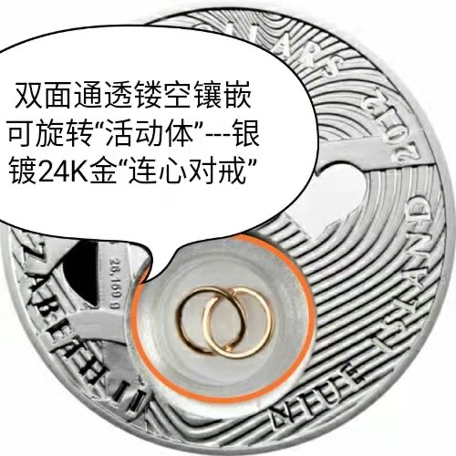 【币观天下】第138场钱币拍卖 纽埃2012年2元，28.28克，情人节爱情系列---“浪漫婚礼”，双面通透中空镶嵌银镀24K金可旋转“连心对戒”数码亮光彩色精致艺术银币