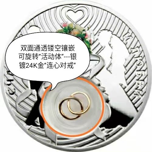 【币观天下】第138场钱币拍卖 纽埃2012年2元，28.28克，情人节爱情系列---“浪漫婚礼”，双面通透中空镶嵌银镀24K金可旋转“连心对戒”数码亮光彩色精致艺术银币