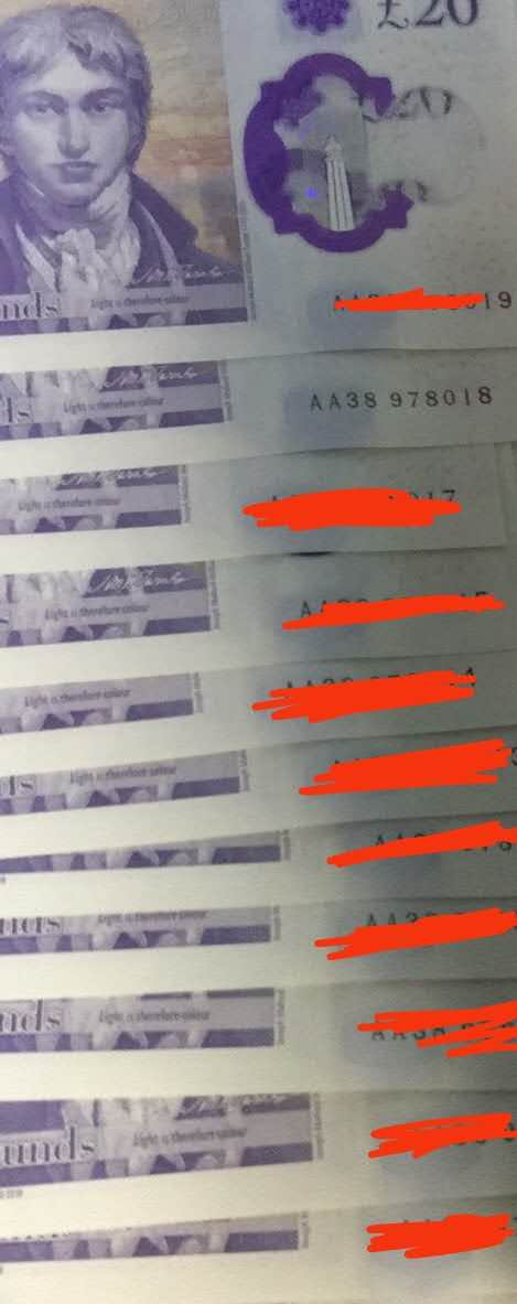 【囧羊收藏】精选微拍第16期~2021年第七期 精选港澳币和其它世界纸币 2020年英国G序列20镑塑料钞 首发AA冠 全程无4号码AA38 978018 全新绝品少见