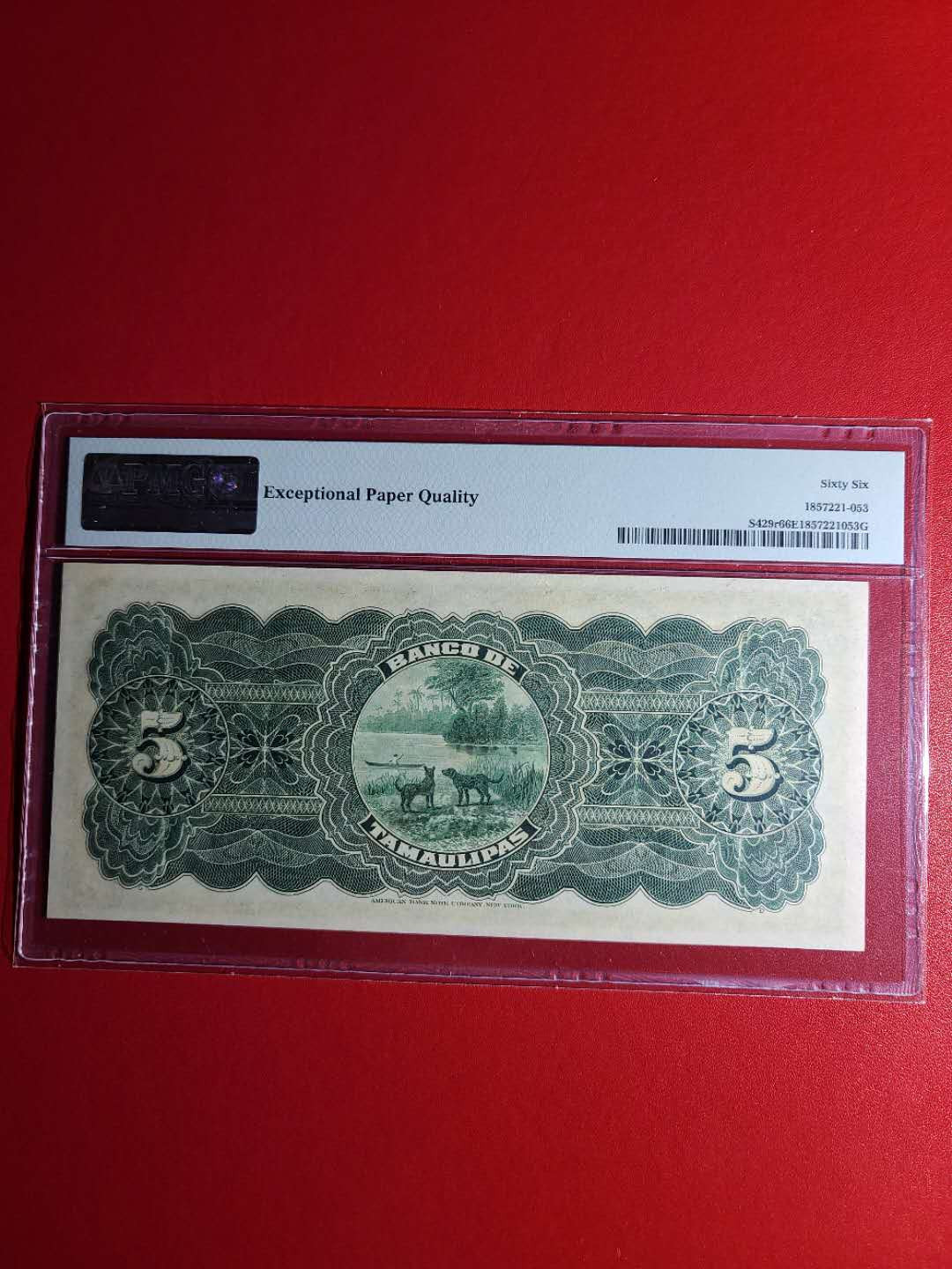 陆续更新【囧羊收藏】精选微拍第17期 ~2017年第八期 世界纸币精选（有澳门大金龙，天鹅船等） 1902-14年墨西哥5比索（未发行版本）PMG66E全新绝品