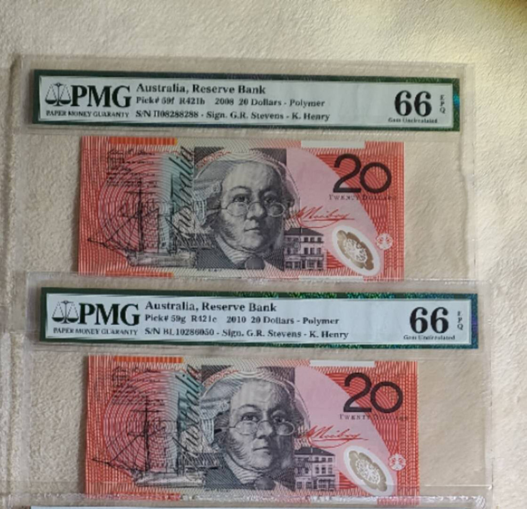 陆续更新【囧羊收藏】精选微拍第17期 ~2017年第八期 世界纸币精选（有澳门大金龙，天鹅船等） 2008+2010年澳大利亚20元塑料钞 各一张 PMG66E 均为无47号码