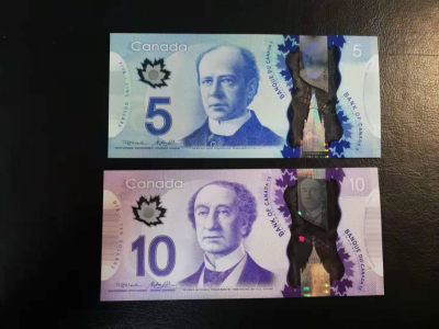 【YSculture】世界纸币 精选拍卖.第24期--各国钱币 - 全新 unc 加拿大 5元 10元 2013年 塑料钞 一组2张