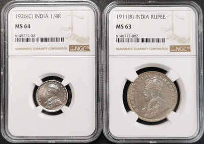 凡希社世界钱币第一百五十期 - 1911乔五猪卢比1926乔五1/4卢比一对NGC-MS63/64