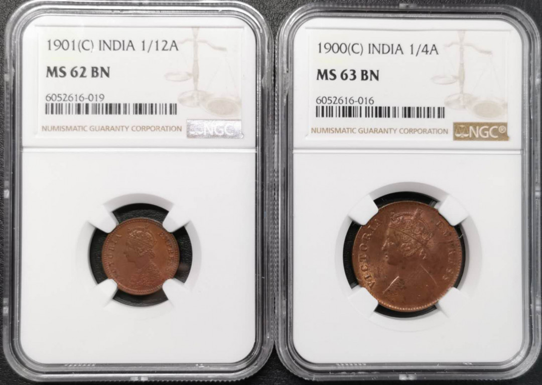 凡希社世界钱币第一百五十期 英属印度小维铜币一对NGC-MS62/63