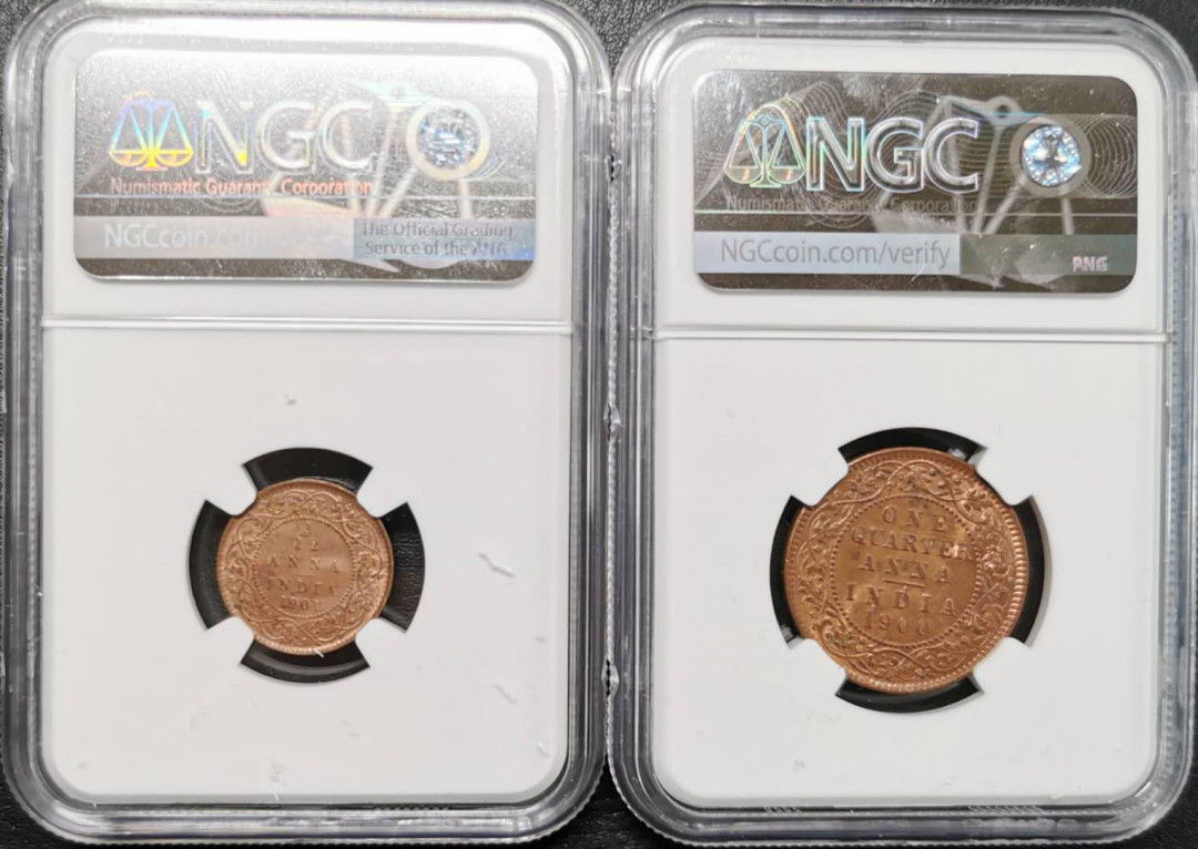 凡希社世界钱币第一百五十期 英属印度小维铜币一对NGC-MS62/63