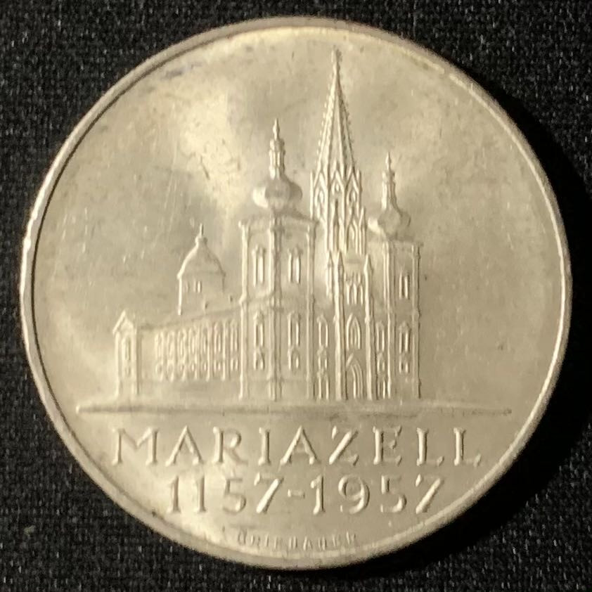 紫瑗钱币—微拍第133期  奥地利 1957年 玛利亚泽尔大教堂 25先令 13克 0.8银 UNC