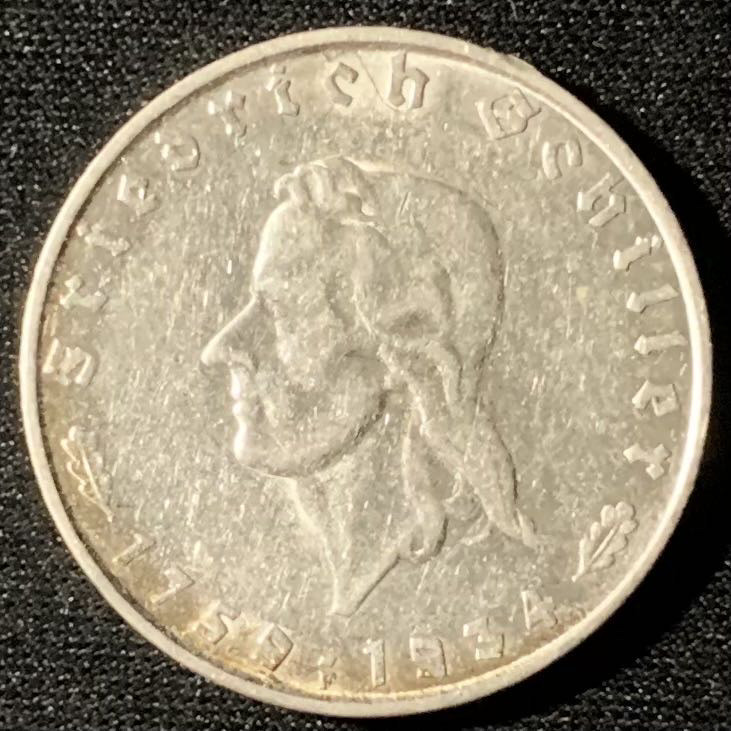 紫瑗钱币—微拍第133期  德国 1934年 F版 席勒诞辰175周年 2马克 8克 0.625银 