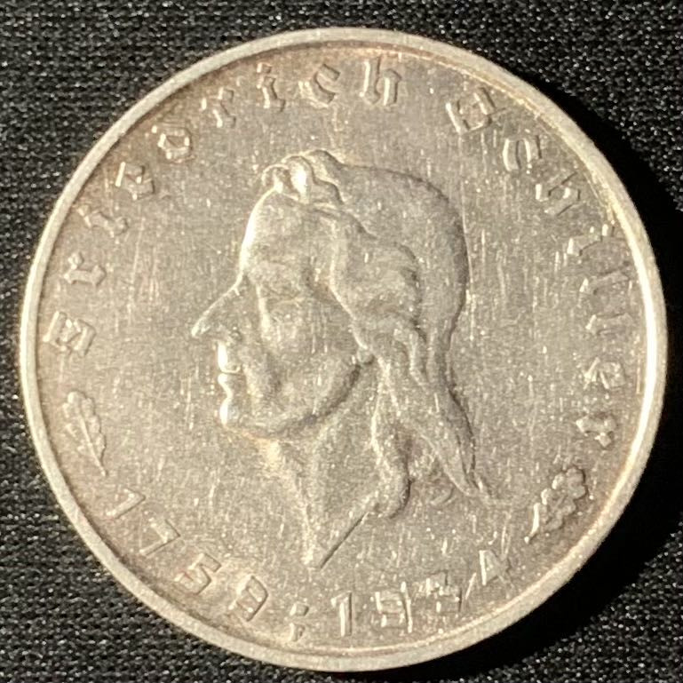 紫瑗钱币—微拍第133期  德国 1934年 F版 席勒诞辰175周年 5马克 13.88克 0.9银 少见