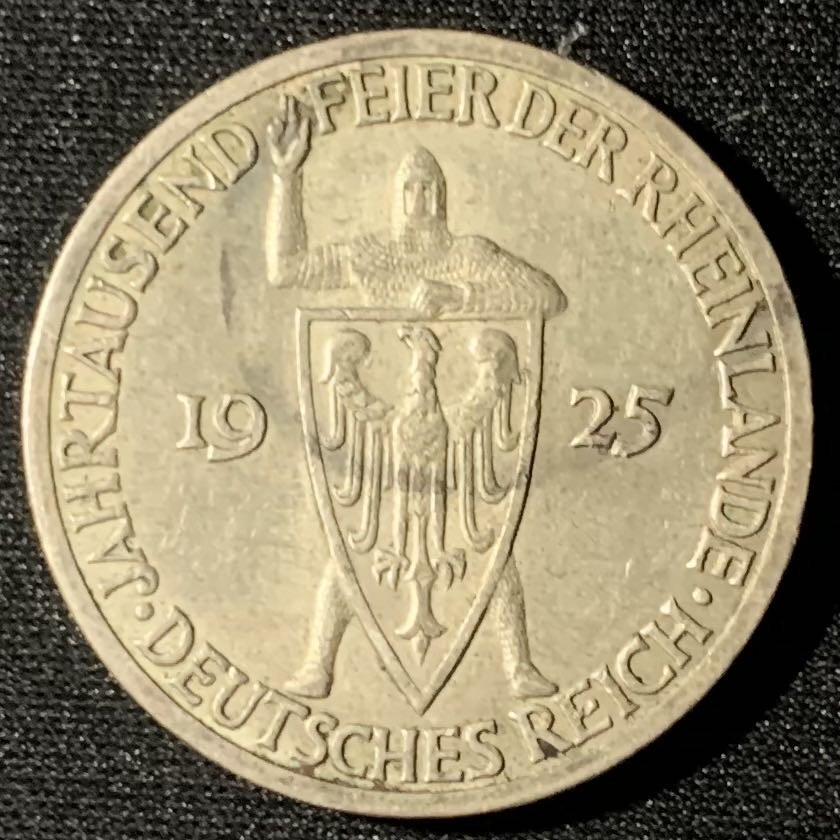 紫瑗钱币—微拍第133期  德国  魏玛德国 1925年 A版 莱茵解放1000周年 3马克 15克 0.5银