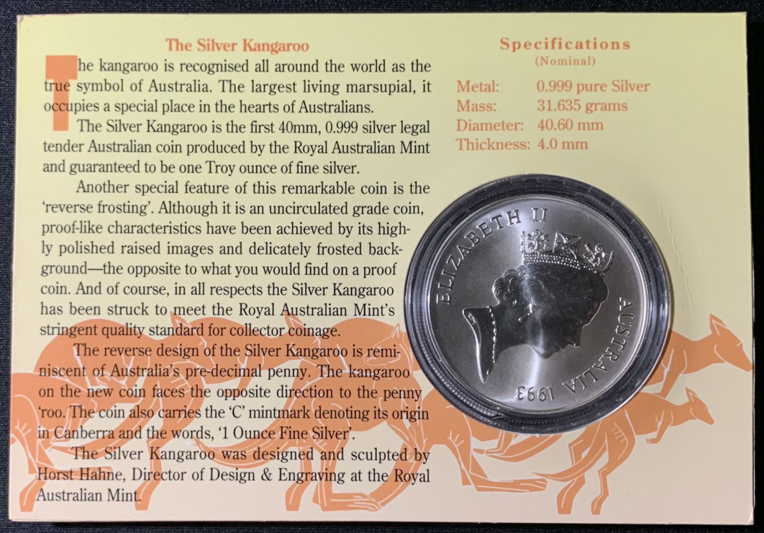 紫瑗钱币—微拍第133期  澳大利亚 1993年 袋鼠 1元 投资银币 1盎司 0.999银 精制 原厂卡