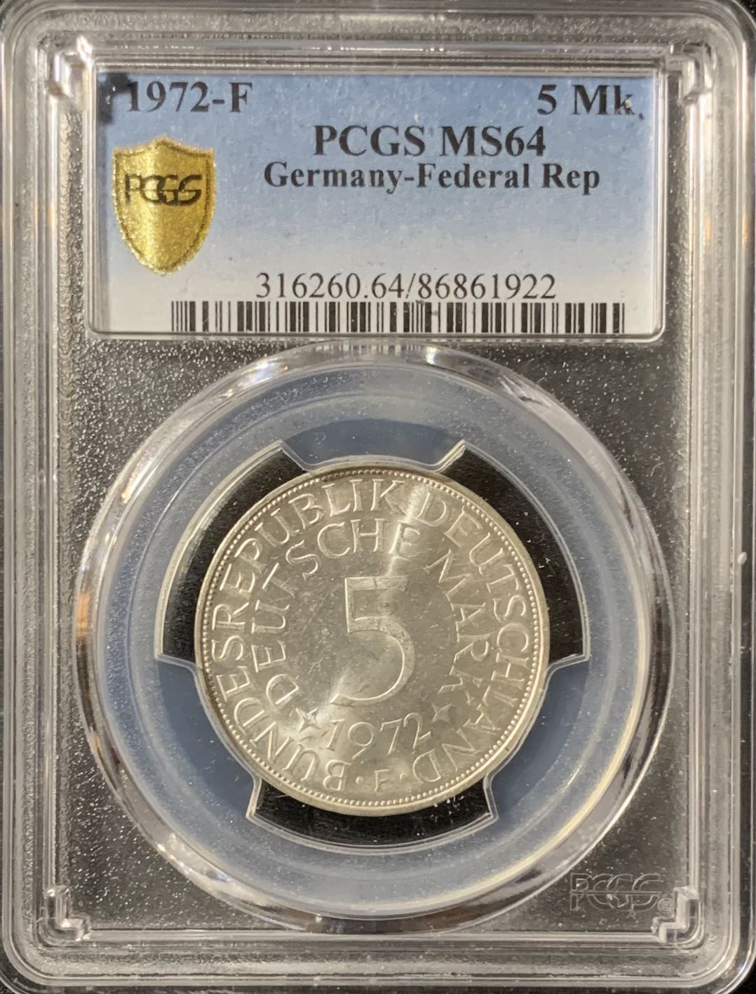 紫瑗钱币—微拍第133期  德国 1972年 F版 流通 5马克 银币 PCGS MS64