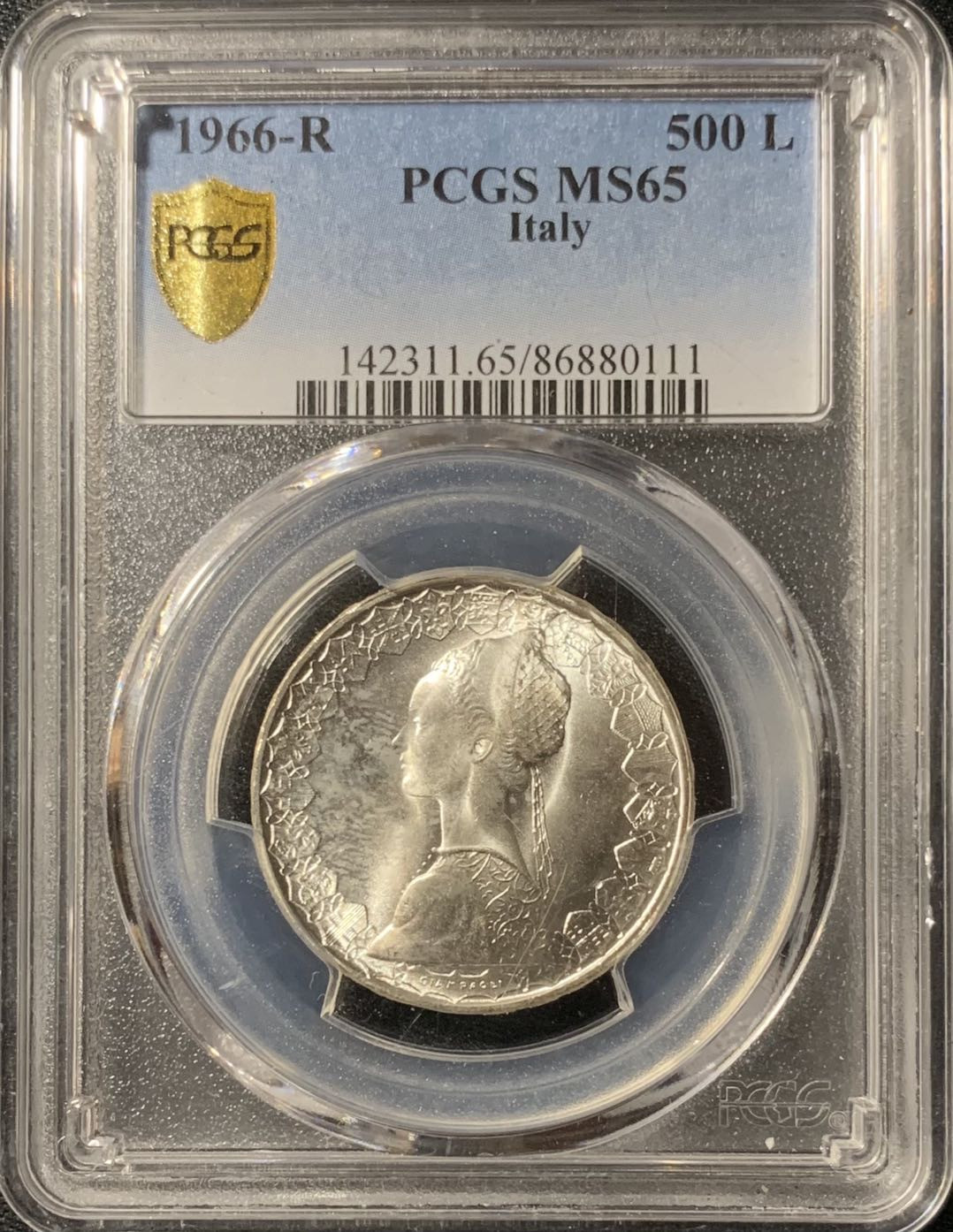 紫瑗钱币—微拍第133期  意大利 1966年 少女 500里拉 11克 0.835银币 PCGS MS65