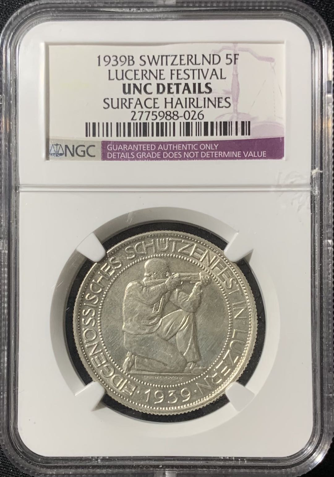 紫瑗钱币—微拍第133期  瑞士 1939年 卢塞恩射击节 5法郎 NGC UNC Detail