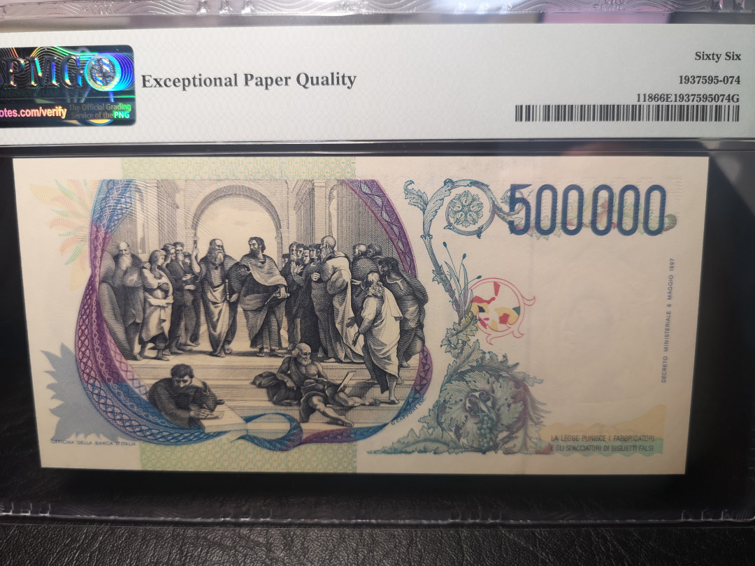 《外钞收藏家》第一百零三期拍卖 1997年意大利50万里拉 PMG66 拉斐尔