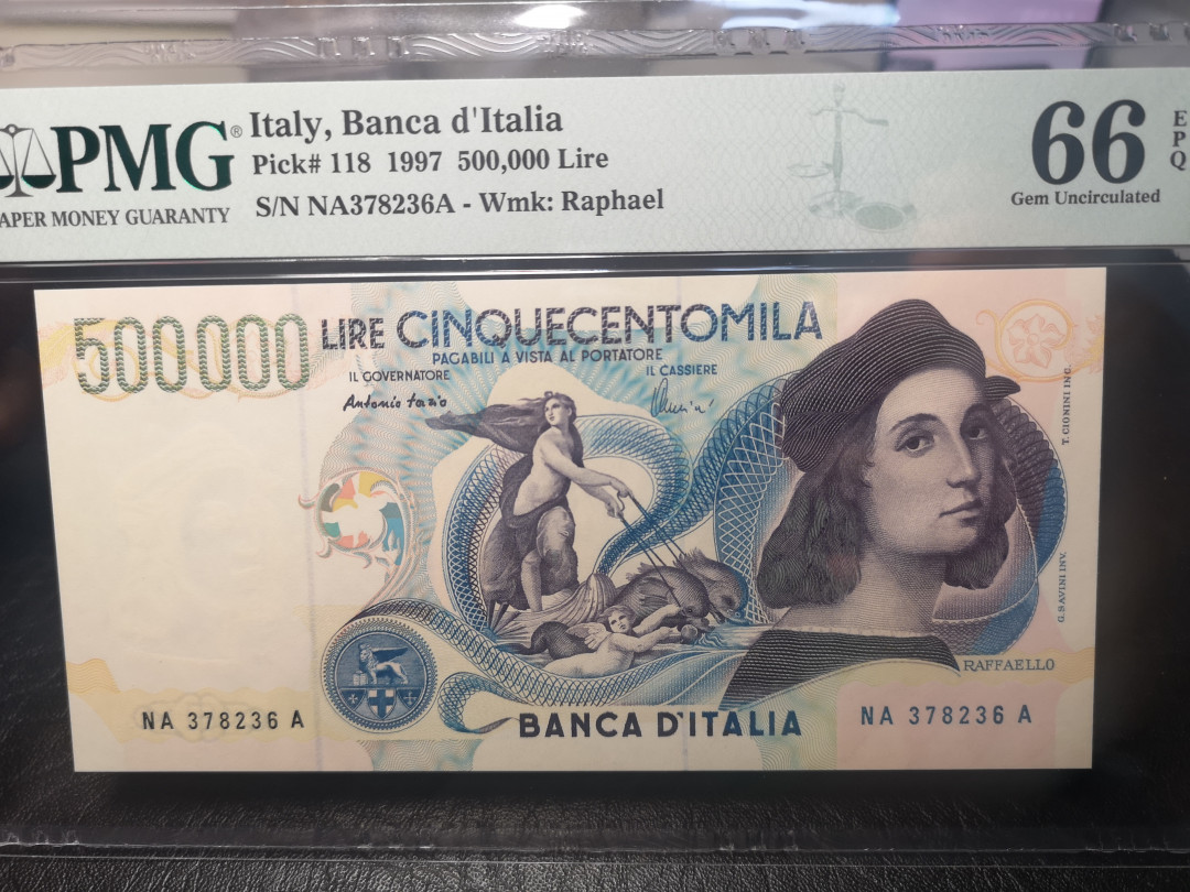 《外钞收藏家》第一百零三期拍卖 1997年意大利50万里拉 PMG66 拉斐尔