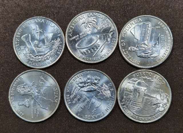 北京马甸外国钱币专卖微拍第四十六期，外国非贵金属纪念币，流通币专场，陆续上新，欢迎关注 美国海外省25美分纪念币6枚/套，品相如图