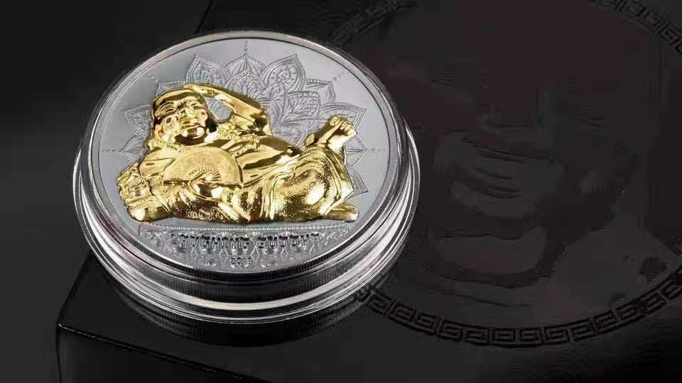 【币观天下】第140期钱币拍卖 帕劳2018年笑口常开大肚弥勒佛精制黑色超高浮雕镀金2盎司银币