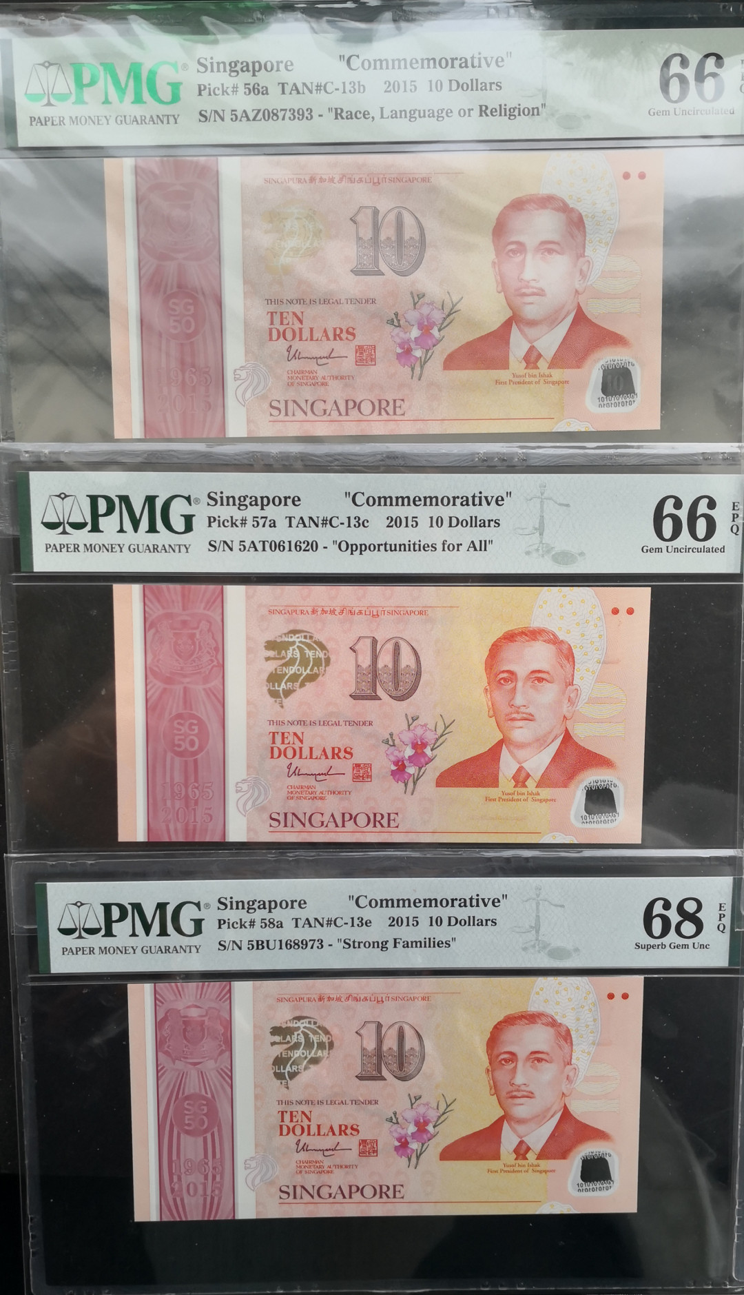 《张总收藏》18期——精美套币 2015年新加坡纪念钞大全套PMG66&PMG68分数非常不错，号码也不错，很难得