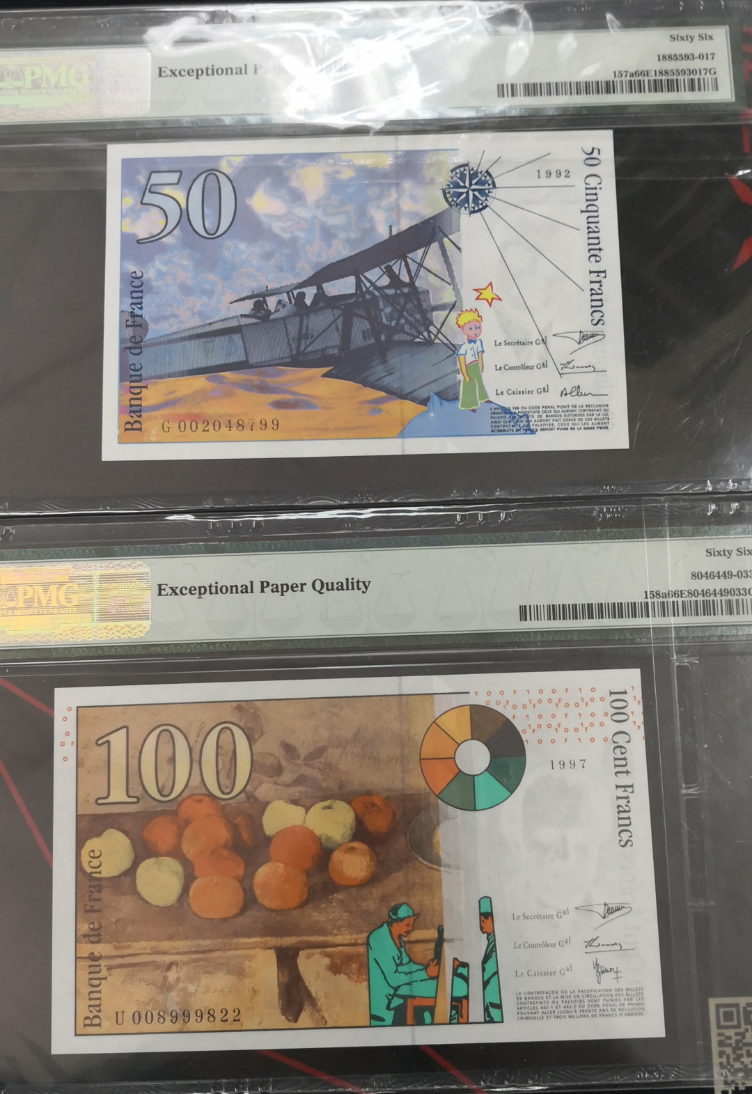 《张总收藏》18期——精美套币 (4张一组)末版法郎大全套PMG66，50/100/500都是初版双号尾，其中50初版66分很少，200是A冠