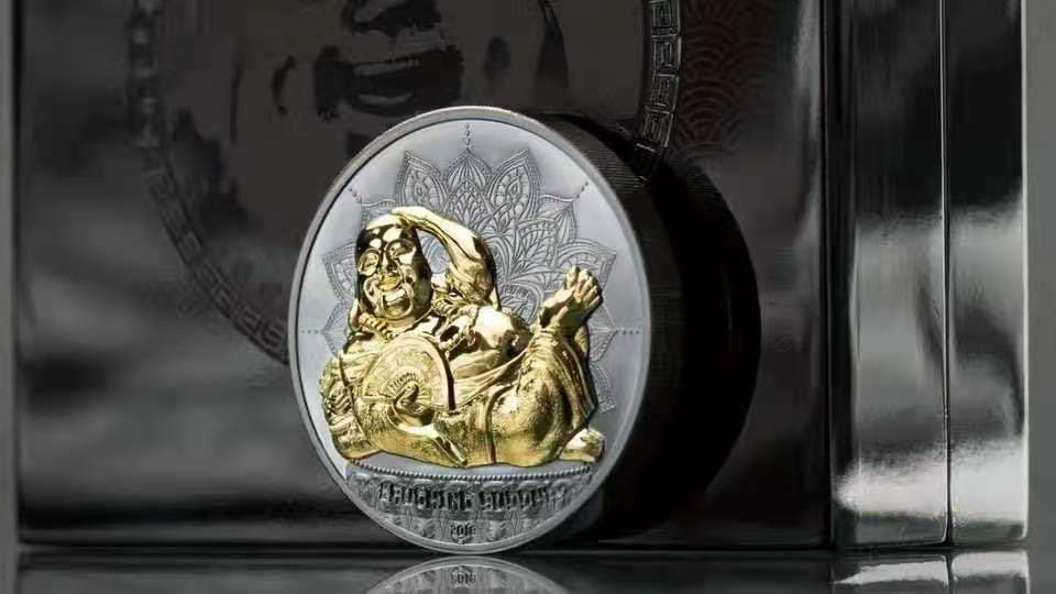 【币观天下】第140期钱币拍卖 帕劳2018年笑口常开大肚弥勒佛精制黑色超高浮雕镀金2盎司银币