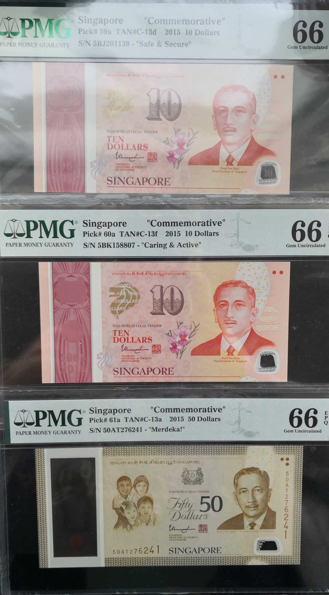 《张总收藏》18期——精美套币 2015年新加坡纪念钞大全套PMG66&PMG68分数非常不错，号码也不错，很难得