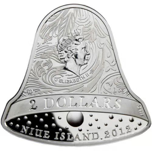 【币观天下】第140期钱币拍卖 纽埃2012年2元，1盎司 “铃儿响叮当”新年快乐 镶嵌施华洛世奇蓝宝石 异形(铃铛形)精制镶嵌银币