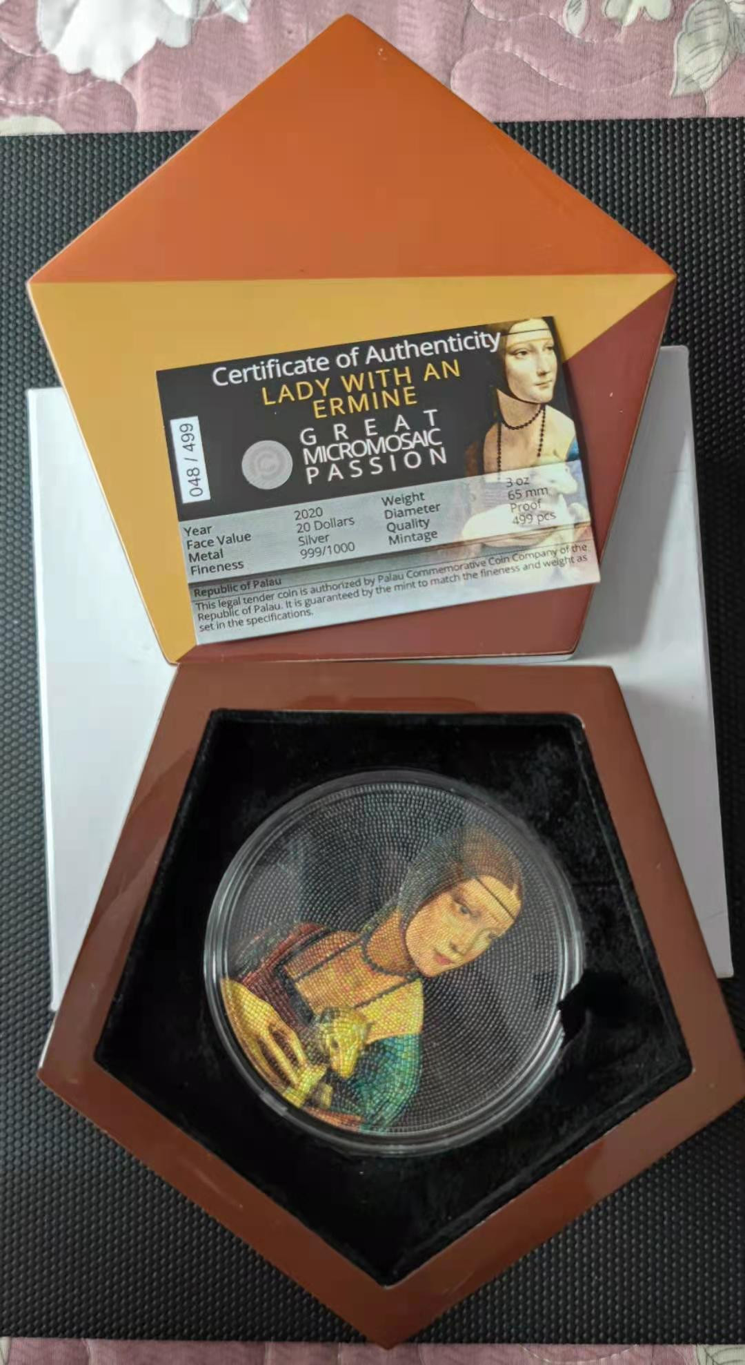 【随心拍&Getcoins】钱币直播第一期 帕劳2020年马赛克系列4抱貂的女人3盎司彩色银币