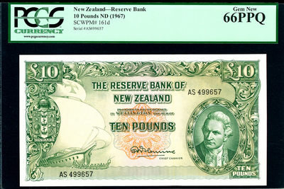 【Blue Auction】世界纸币精拍第69期——魁北克的星光（共75拍） - 新西兰 1967年10镑 PCGS66EPQ 绝品 库克船长 双面雕刻 意境唯美 大票幅