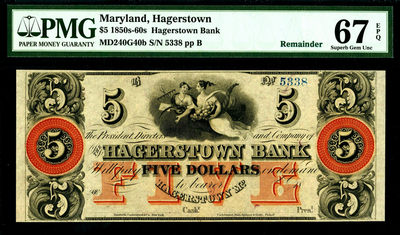 【Blue Auction】世界纸币精拍第69期——魁北克的星光（共75拍） - 美国 马里兰州 1850-60年代 5美金 PMG67EPQ 超高分 大票幅 女神精美