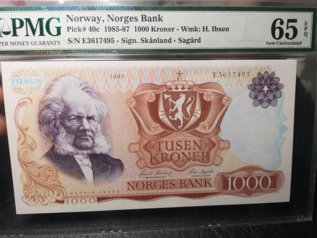 《外钞收藏家》第一百零四期拍卖 1987年挪威1000克朗 易卜生 PMG65 经典雕刻作品