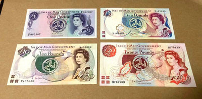 【Blue Auction】世界纸币精拍第71期—— 南加州的日光浴（共55拍） - 【一组4张套装】马恩岛 1-20镑 全新UNC 女王纸币 背面场景非常精美 