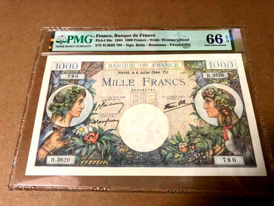 【Blue Auction】世界纸币精拍第71期—— 南加州的日光浴（共55拍） - 法国 1944年1000法郎 PMG66EPQ 超大票幅 非常精美