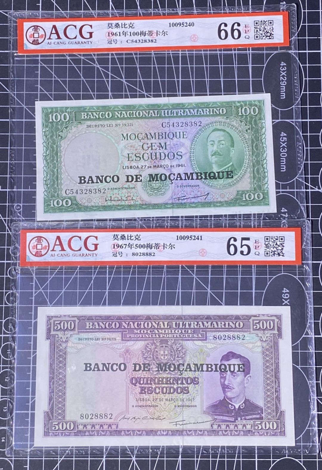 兄弟收藏2021年第31期国评纸币专场将于3月25日晚上7点开拍 莫桑比克1961年100和500梅蒂卡尔，爱藏66-65