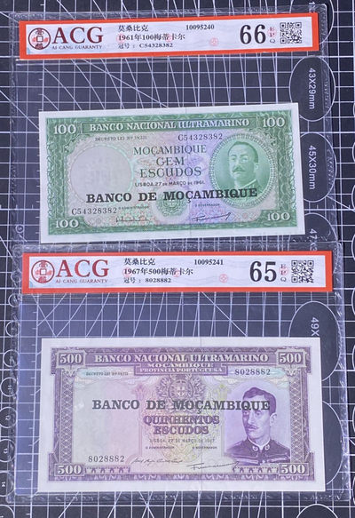 兄弟收藏2021年第31期国评纸币专场将于3月25日晚上7点开拍 莫桑比克1961年100和500梅蒂卡尔，爱藏66-65