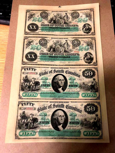 【Blue Auction】世界纸币精拍第71期—— 南加州的日光浴（共55拍） - 【4连体 稀少带签名】 美国 南加利福尼亚州 早期 1872年 20-50美金高值 双面雕刻精美 全新UNC 价值高