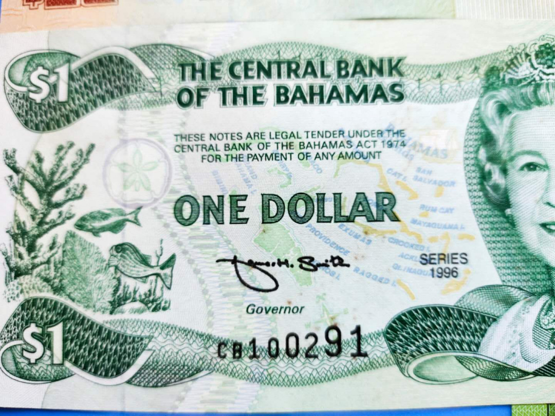 国内外纸币 1996年巴哈马1元纸币，无47，有轻微黄斑点，介意勿拍