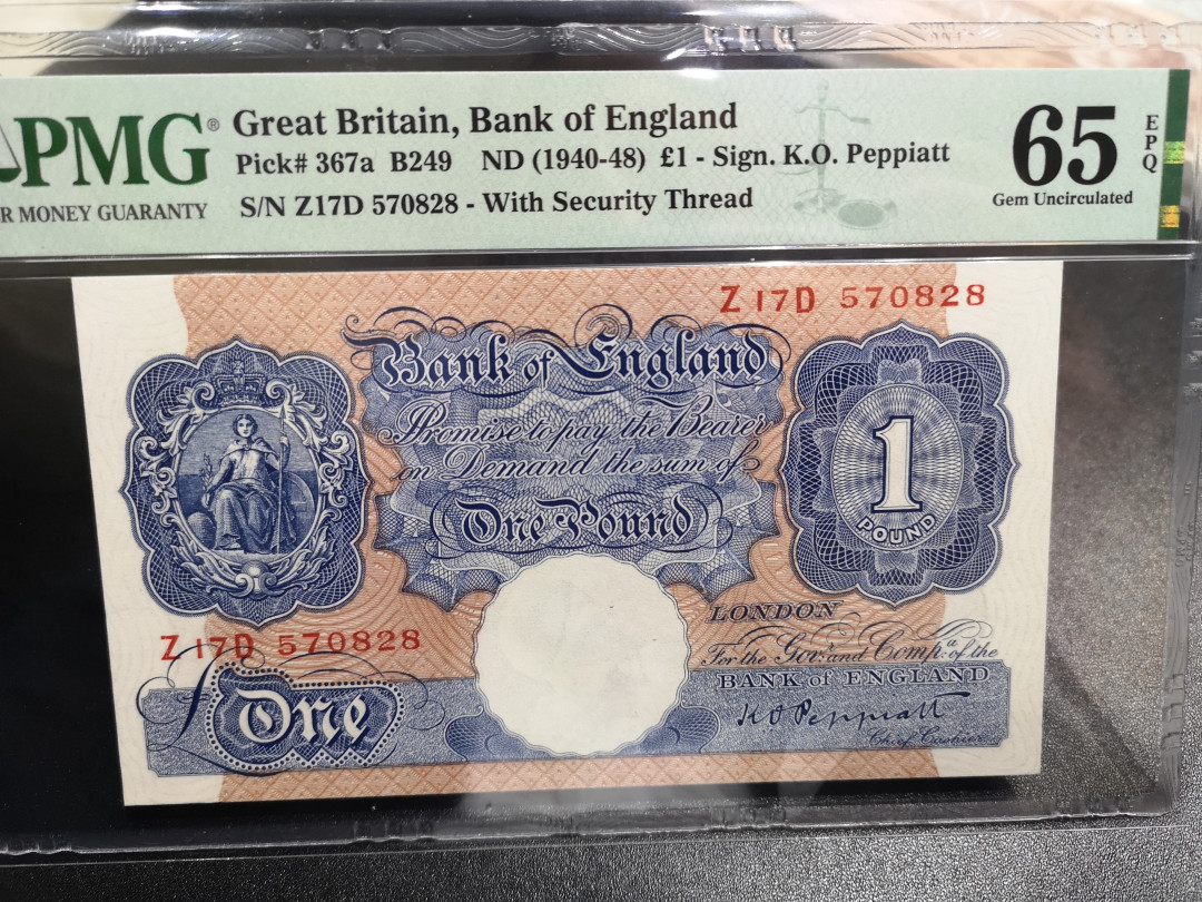 《外钞收藏家》第一百零五期拍卖 1940年-48年英国A序列1镑 PMG65