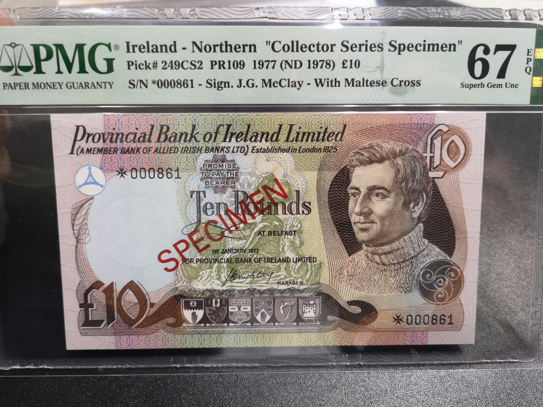 《外钞收藏家》第一百零五期拍卖 1977年爱尔兰 10镑 样钞 PMG67
