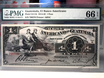 【Blue Auction】世界纸币精拍第73期——维卡提山（共65拍） - 【唯一冠军分 百年风云】危地马拉 1914-20年1比索 PMG66EPQ 实钞好品非常稀少 大票幅雕刻精美 美钞公司出品