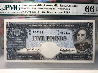 【Blue Auction】世界纸币精拍第73期——维卡提山（共65拍） - 【无47】澳大利亚 1960-65年5镑 PMG66EPQ 英国探险家约翰•富兰克林