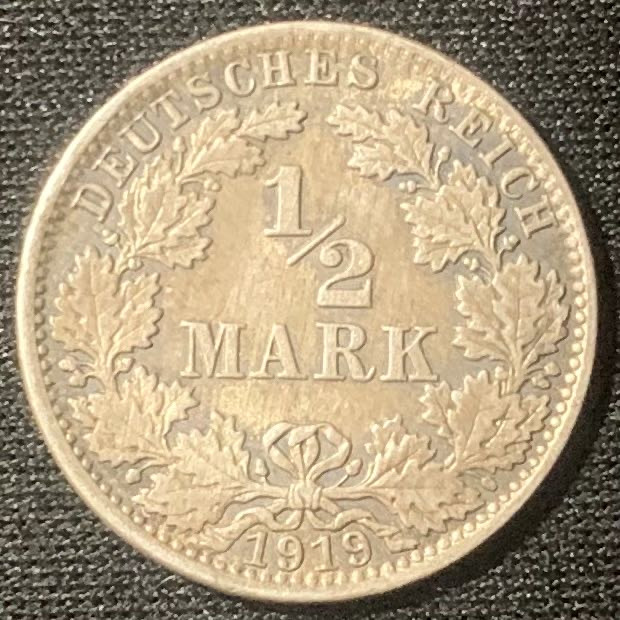 紫瑗钱币—微拍第134期  德国 第二帝国 1919年 J版 1/2马克 2.75克 0.9银