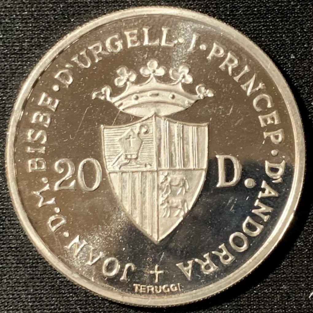 紫瑗钱币—微拍第134期  安道尔 1984年 洛杉矶奥运会 射击 20第纳尔 银币 16克 0.9银 精制