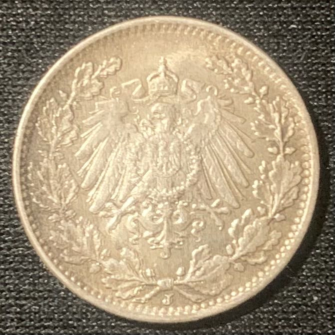 紫瑗钱币—微拍第134期  德国 第二帝国 1919年 J版 1/2马克 2.75克 0.9银