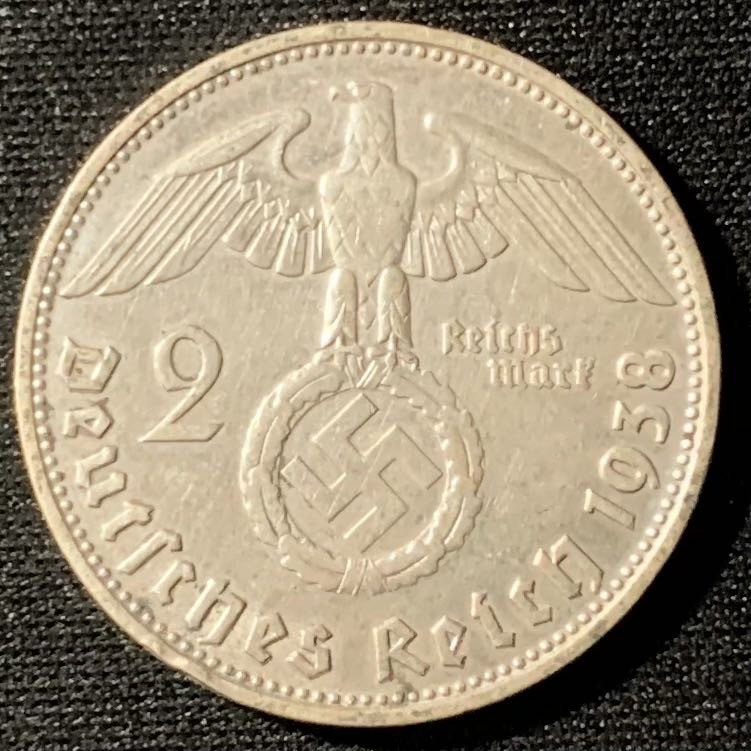 紫瑗钱币—微拍第134期  德国 1938年 D版 兴登堡 2马克 8克 0.625银 
