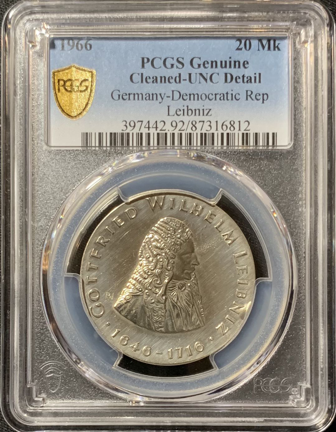 紫瑗钱币—微拍第134期  东德 民主德国 1966年 哥特弗里德·威廉·莱布尼兹逝世250周年 20马克 银币 PCGS UNC Detail