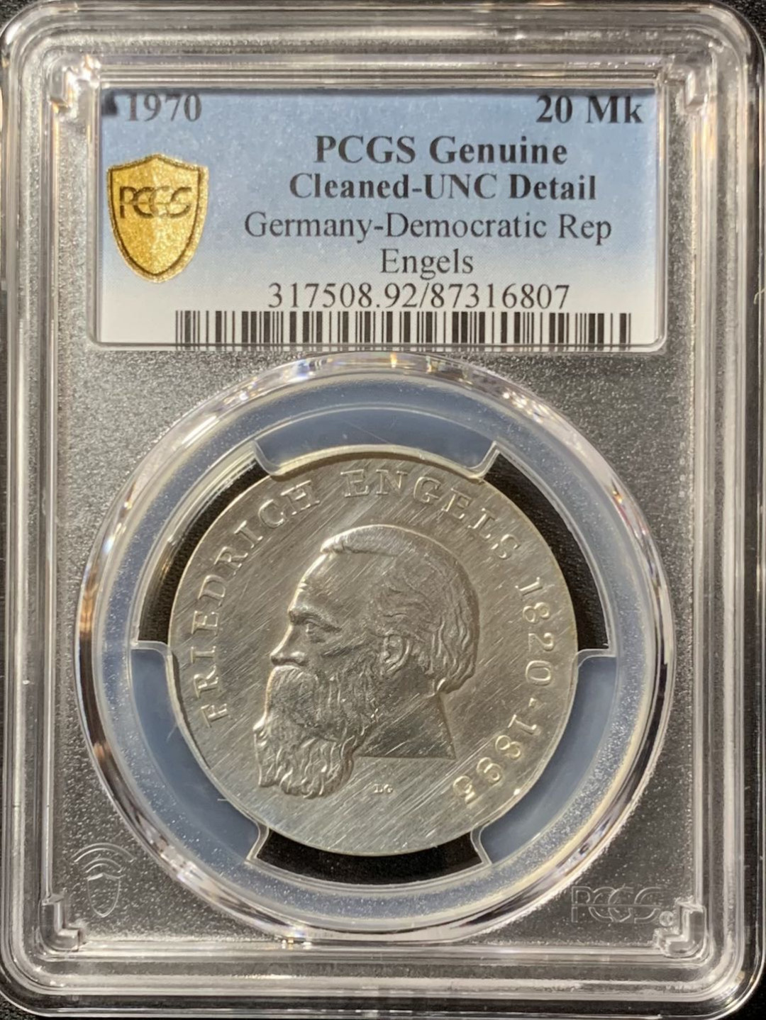 紫瑗钱币—微拍第134期  东德 民主德国 1970年 弗里德里希·恩格斯诞辰150周年 20马克 银币 PCGS UNC Detail