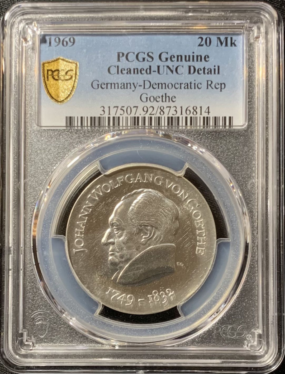 紫瑗钱币—微拍第134期  东德 民主德国 1969年 约翰·沃尔夫冈·冯·歌德诞辰220周年 20马克 银币 PCGS UNC Detail