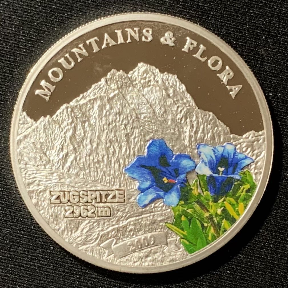 紫瑗钱币—微拍第134期  帕劳 2009年 楚格峰和蓝花 5元 彩色银币 25克 0.925银 精制 带证书